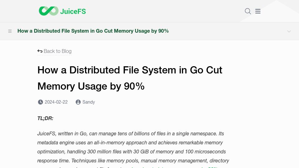 Screenshot of juicefs.com: A Distributed File System in Go Cut Average Metadata Memory Usage to 100 Bytes