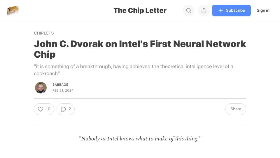 Screenshot of thechipletter.substack.com: John C. Dvorak on Intel's First Neural Network Chip in 1990