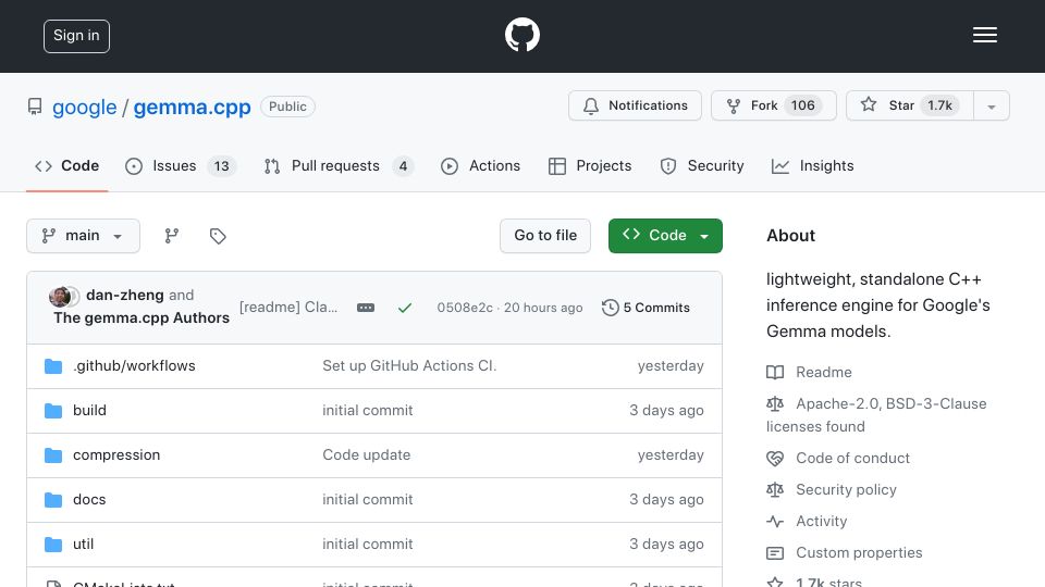 Screenshot of github.com: Gemma.cpp: lightweight, standalone C++ inference engine for Gemma models