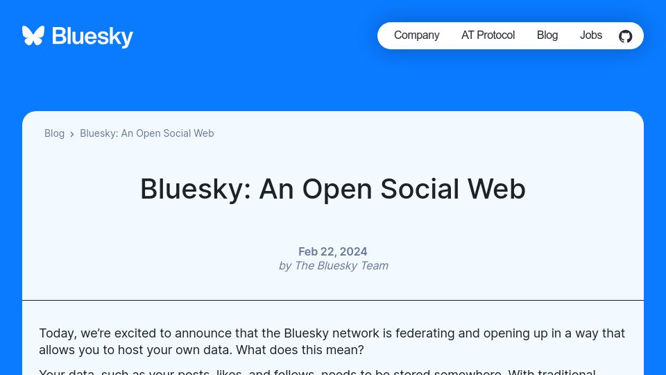 Screenshot of bsky.social: Bluesky announces data federation for self hosters