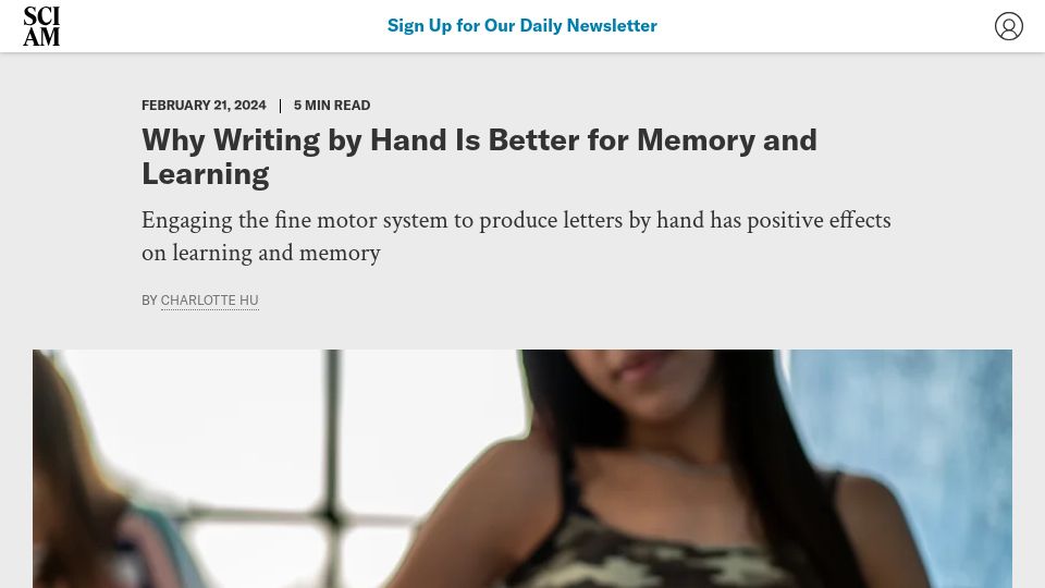 Screenshot of scientificamerican.com: Why Writing by Hand Is Better for Memory and Learning