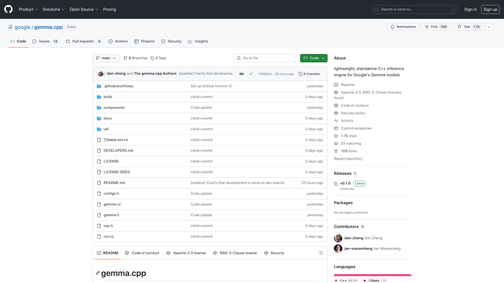 Screenshot of github.com: Gemma.cpp: lightweight, standalone C++ inference engine for Gemma models