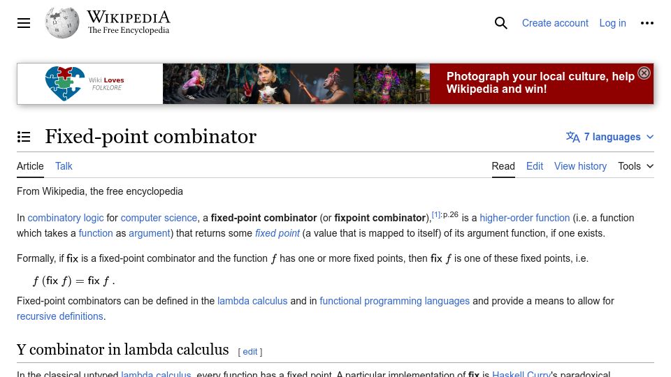 Screenshot of en.wikipedia.org: Fixed-point combinator