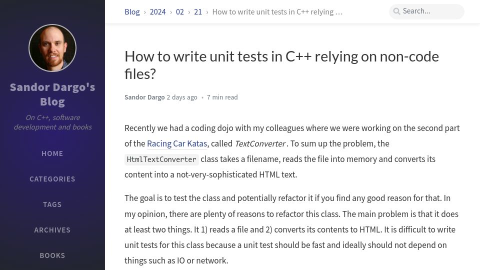 Screenshot of sandordargo.com: How to write unit tests in C++ relying on non-code files?