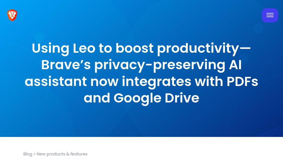 Screenshot of brave.com: Brave's AI assistant now integrates with PDFs and Google Drive