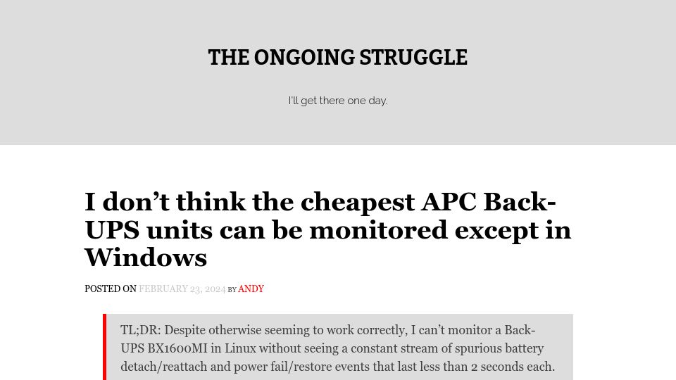 Screenshot of strugglers.net: I don't think the cheapest APC Back-UPS units can be monitored except in Windows