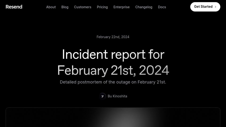 Screenshot of resend.com: Incident report for February 21st, 2024