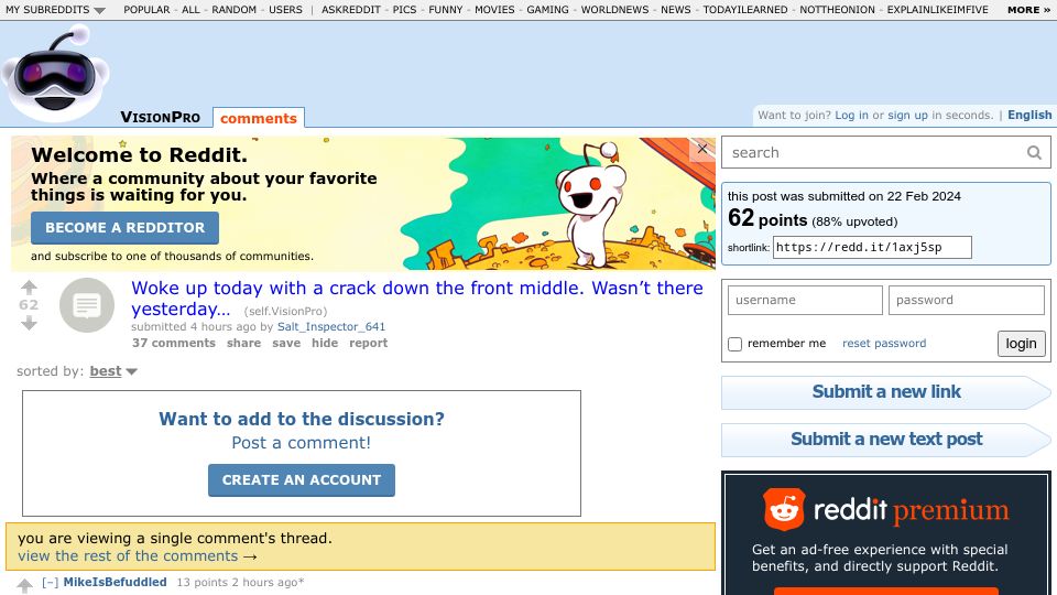 Screenshot of old.reddit.com: Apple Vision Pro users reporting cracked outer surfaces
