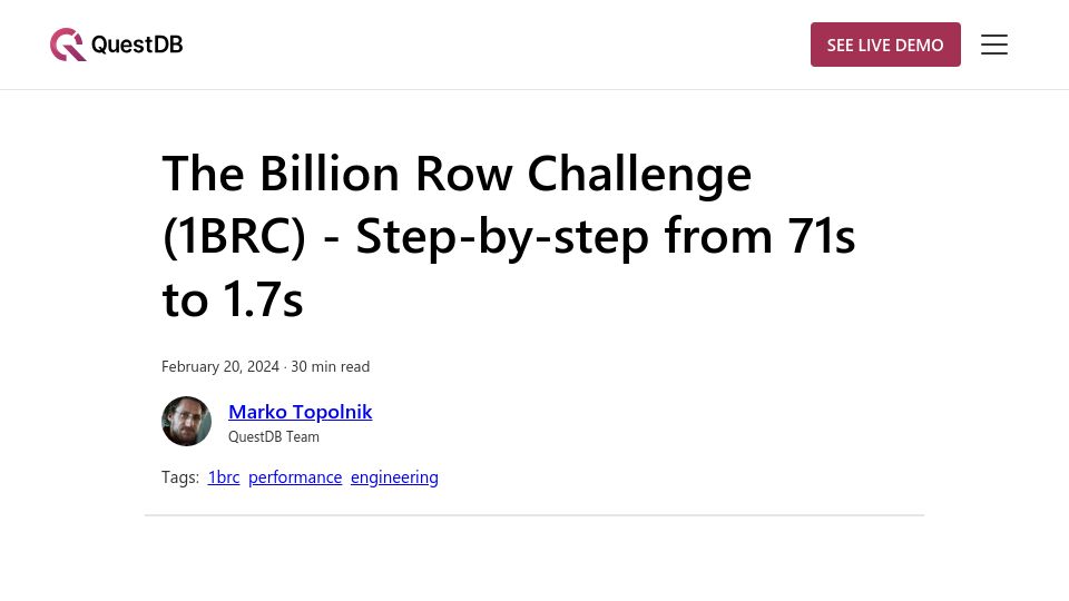 Screenshot of questdb.io: The Billion Row Challenge (1BRC) – Step-by-Step from 71s to 1.7s