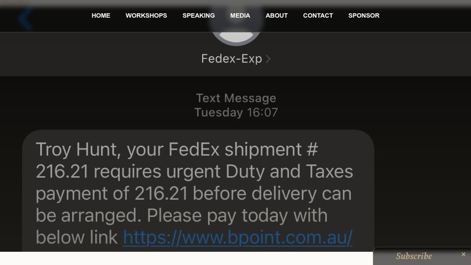 Screenshot of troyhunt.com: Thanks FedEx, this is why we keep getting phished