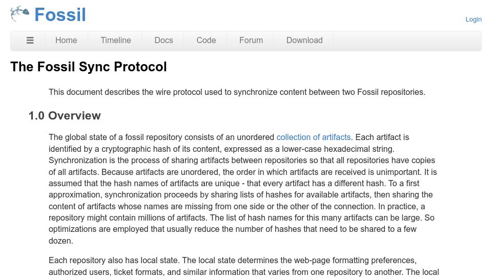 Screenshot of fossil-scm.org: The Fossil Sync Protocol