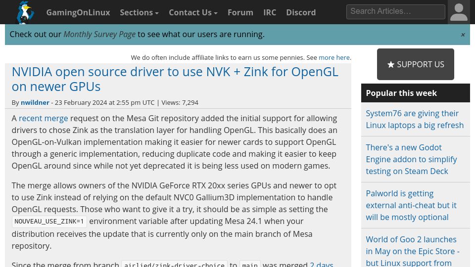Screenshot of gamingonlinux.com: Nvidia open source driver to use NVK and Zink for OpenGL on newer GPUs