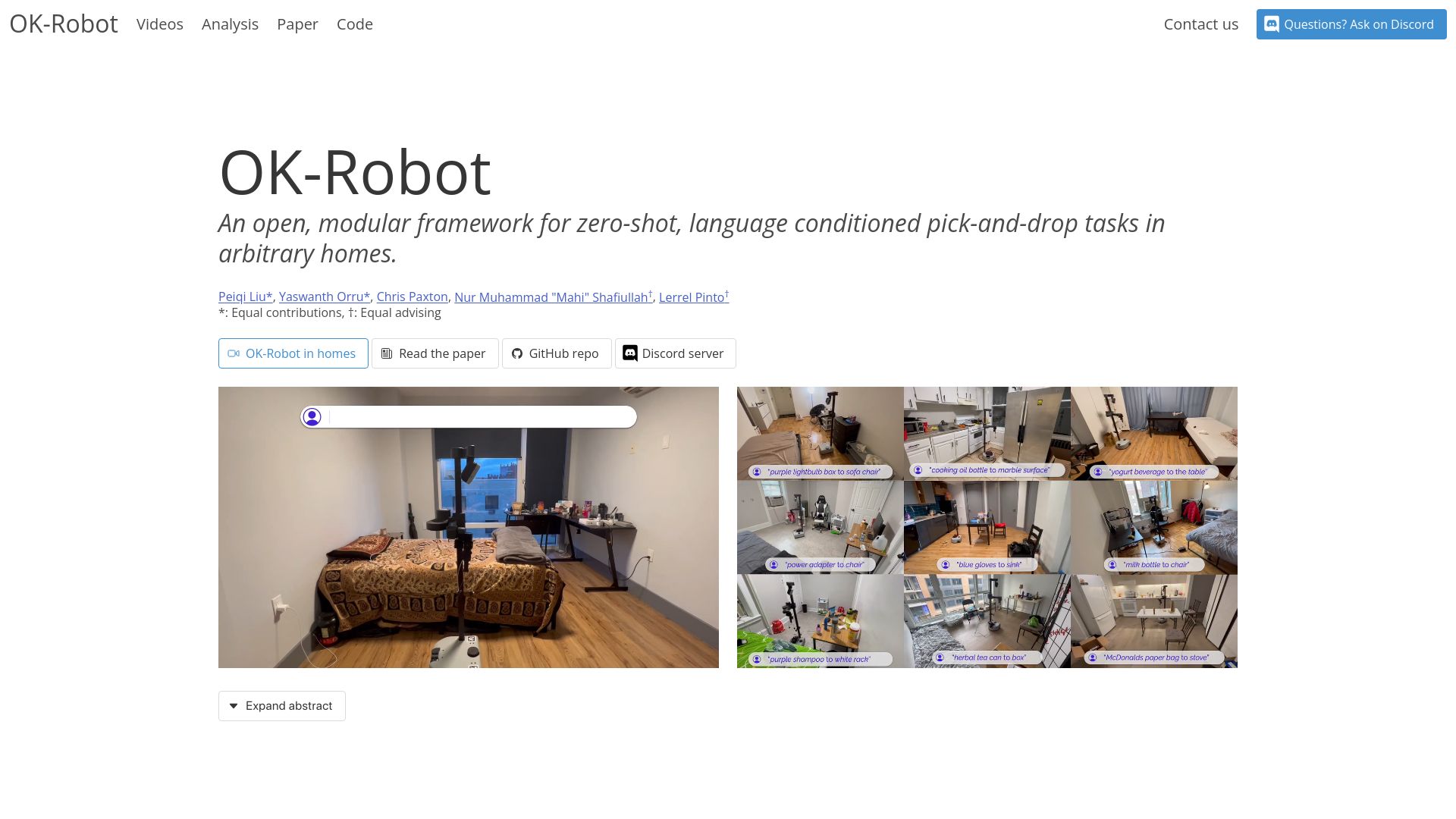 Screenshot of ok-robot.github.io: Show HN: OK-Robot: open, modular home robot framework for pick-and-drop anywhere