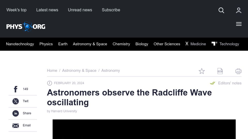 Screenshot of phys.org: Astronomers observe the Radcliffe Wave oscillating