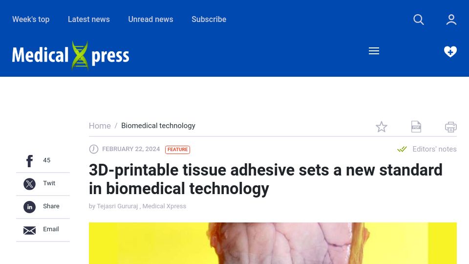 Screenshot of medicalxpress.com: 3D-printable tissue adhesive