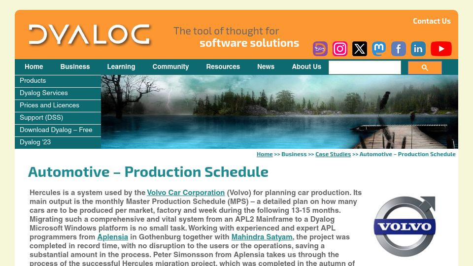 Screenshot of dyalog.com: APL at Volvo