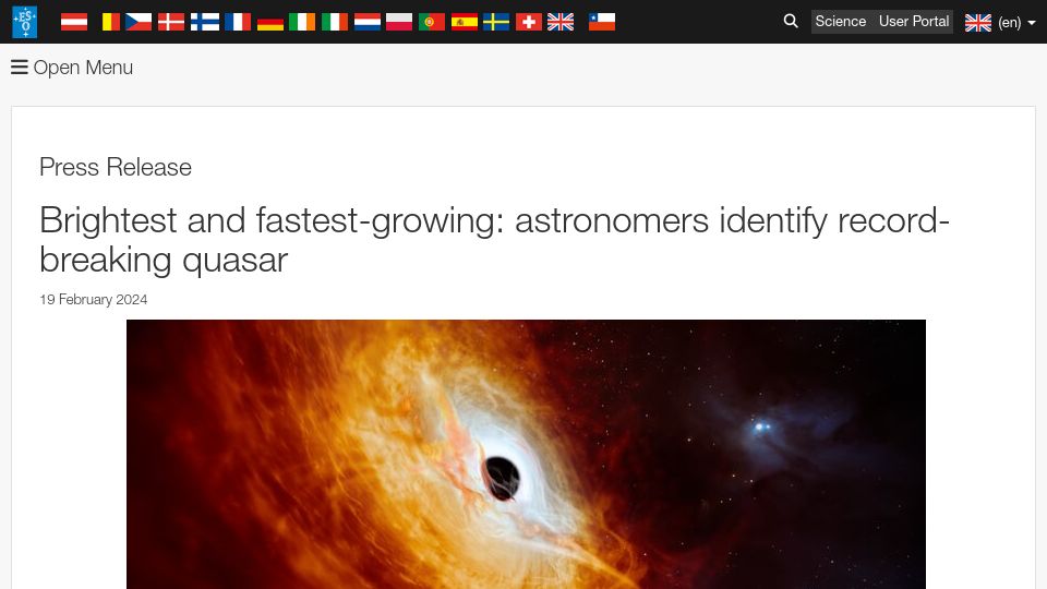 Screenshot of eso.org: Brightest and fastest-growing: astronomers identify record-breaking quasar