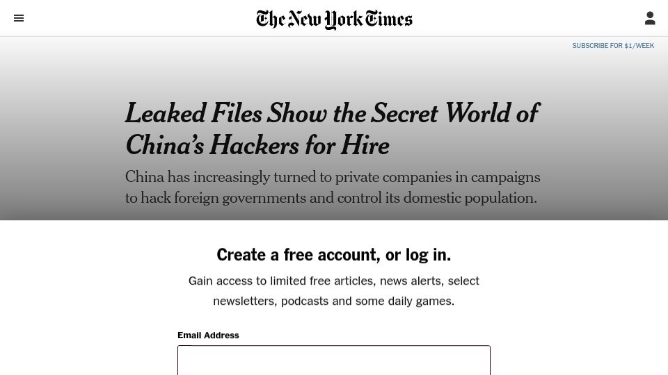 Screenshot of nytimes.com: Leaked Files Show the Secret World of China's Hackers for Hire