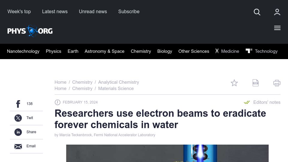 Screenshot of phys.org: Researchers use electron beams to eradicate forever chemicals in water