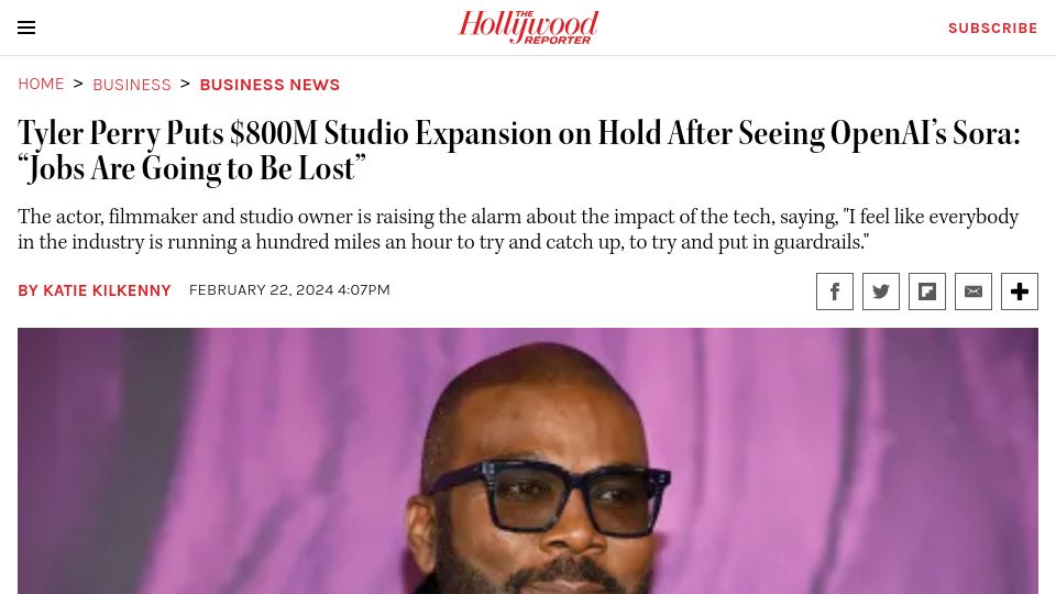 Screenshot of hollywoodreporter.com: Tyler Perry Puts $800M Studio Expansion on Hold After Seeing OpenAI's Sora