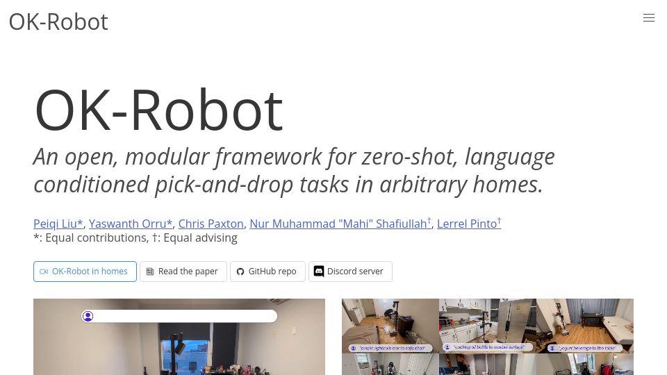 Screenshot of ok-robot.github.io: Show HN: OK-Robot: open, modular home robot framework for pick-and-drop anywhere