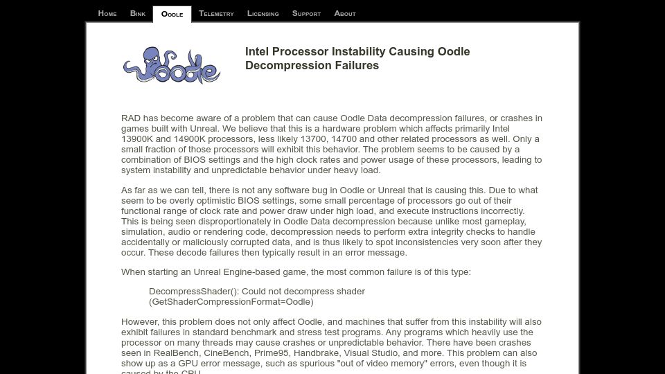 Screenshot of radgametools.com: Intel Processor Instability Causing Oodle Decompression Failures