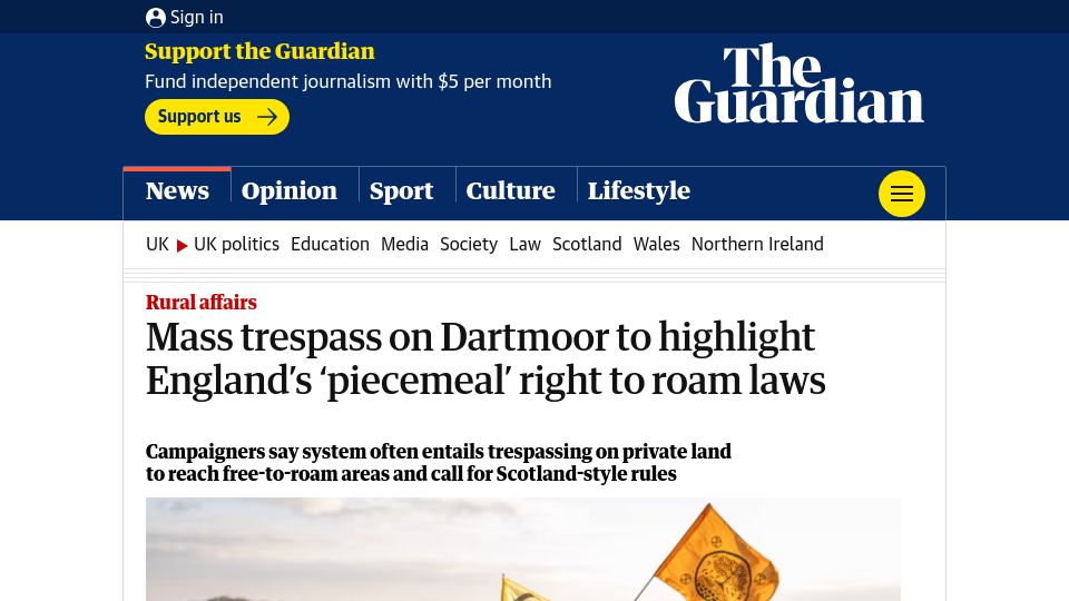 Screenshot of theguardian.com: Mass trespass on Dartmoor to highlight England's 'piecemeal' right to roam laws