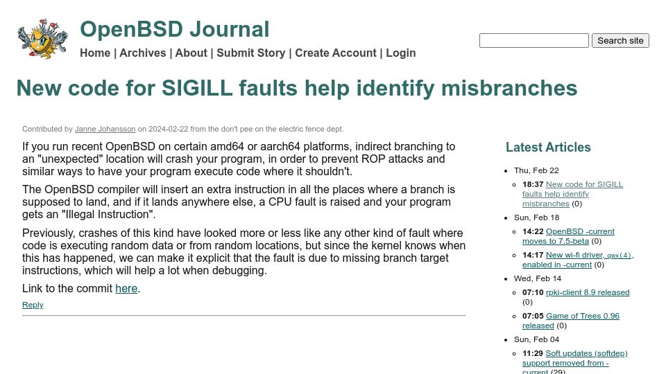 Screenshot of undeadly.org: New code for SIGILL faults to help identify misbranches on OpenBSD