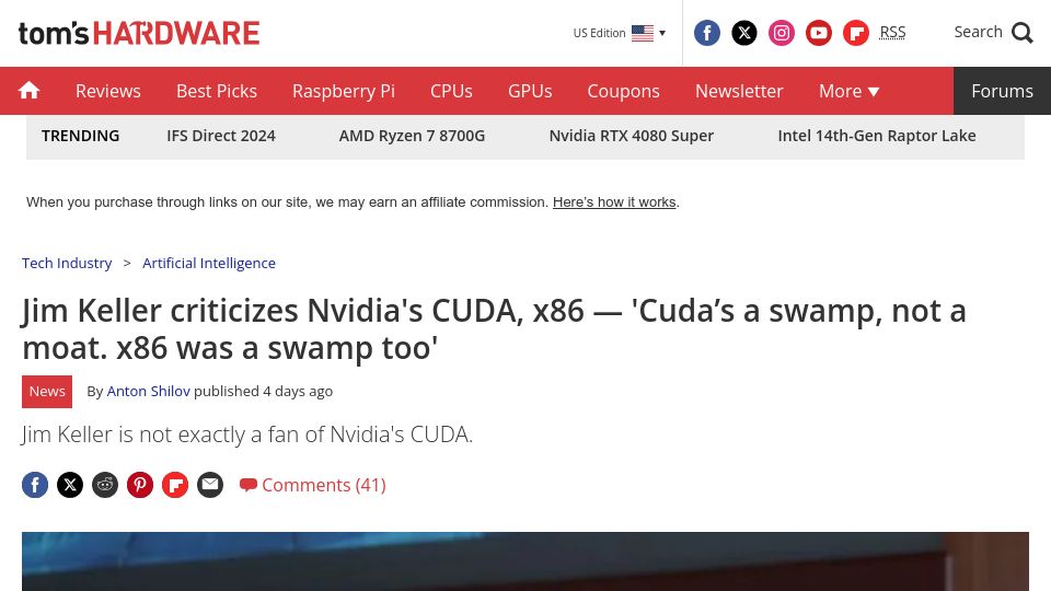 Screenshot of tomshardware.com: Jim Keller criticizes Nvidia's CUDA, x86