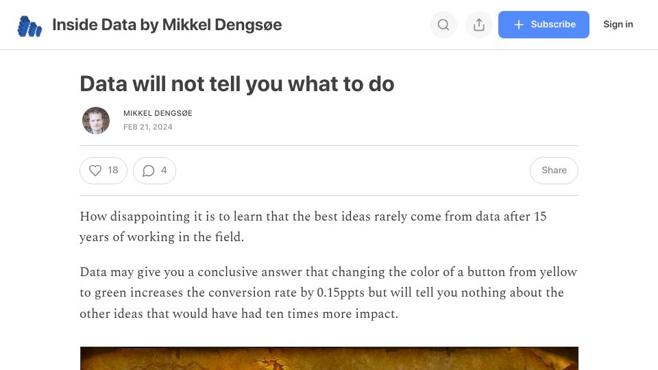 Screenshot of mikkeldengsoe.substack.com: Data will not tell you what to do