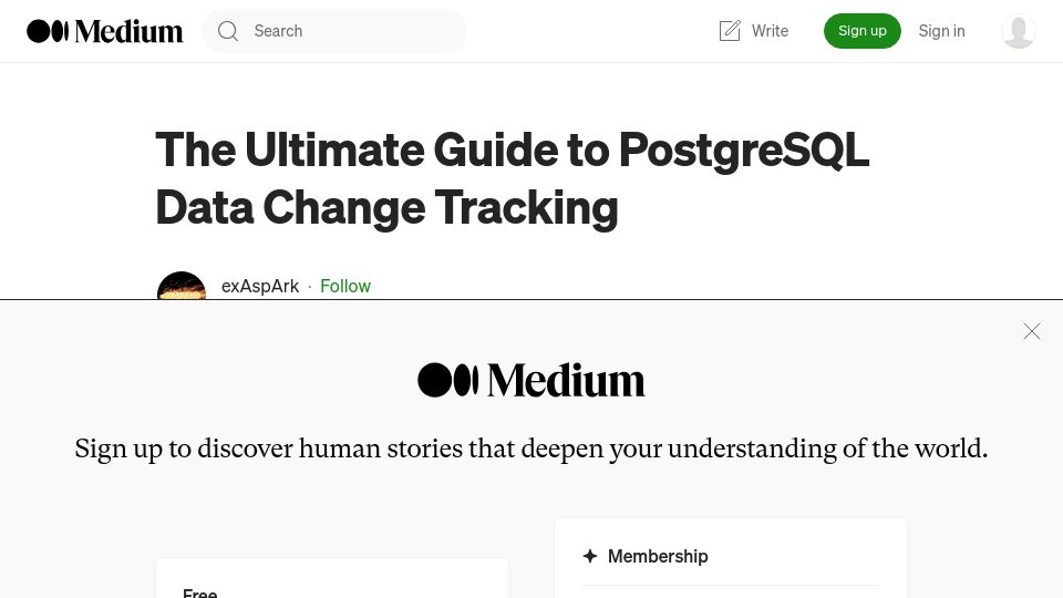 Screenshot of exaspark.medium.com: The Ultimate Guide to PostgreSQL Data Change Tracking