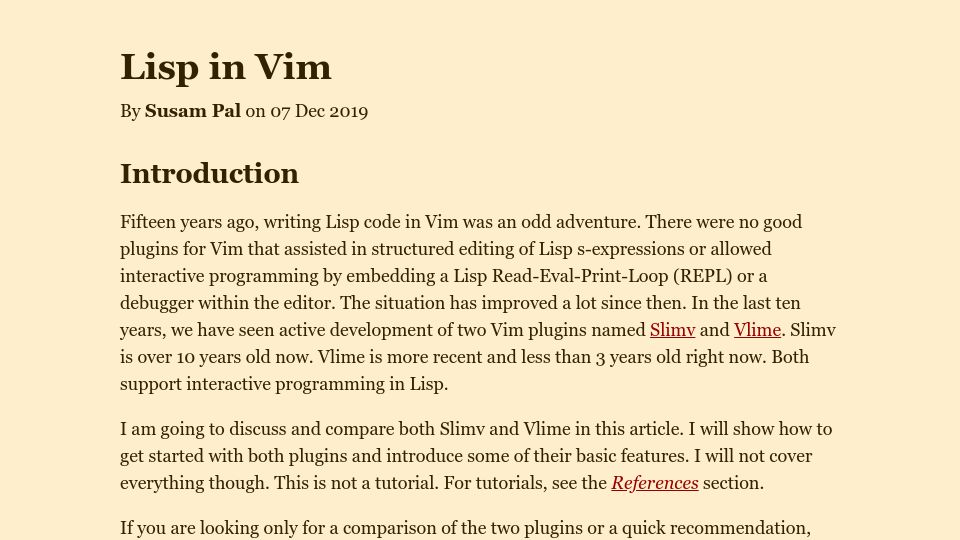 Screenshot of susam.net: Lisp Programming with Vim (2019)