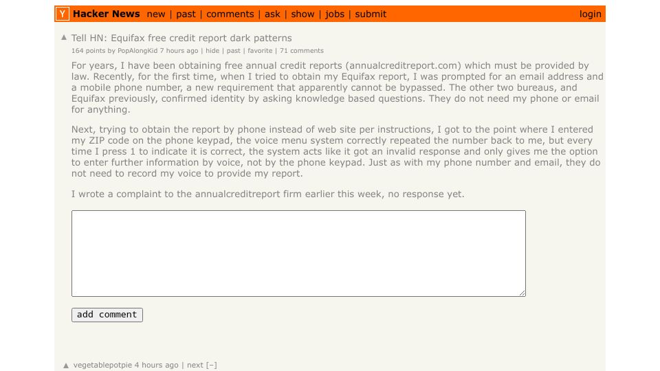 Screenshot of Hacker News post: Tell HN: Equifax free credit report dark patterns