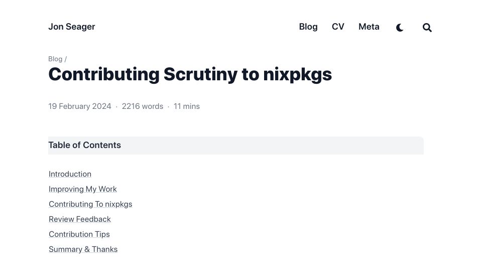 Screenshot of jnsgr.uk: Contributing Scrutiny to Nixpkgs