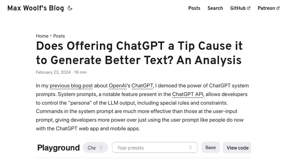 Screenshot of minimaxir.com: Does offering ChatGPT a tip cause it to generate better text?