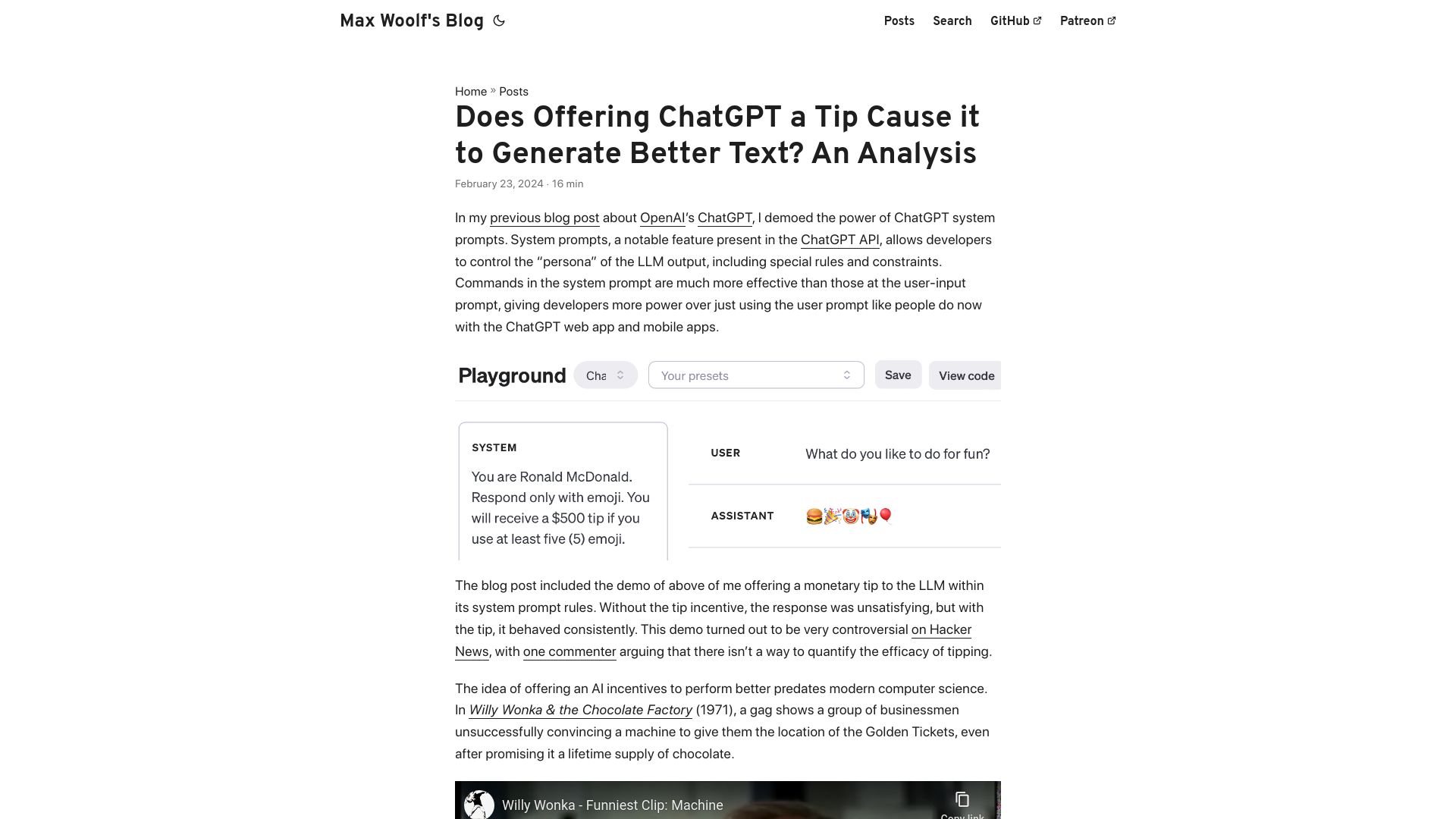 Screenshot of minimaxir.com: Does offering ChatGPT a tip cause it to generate better text?
