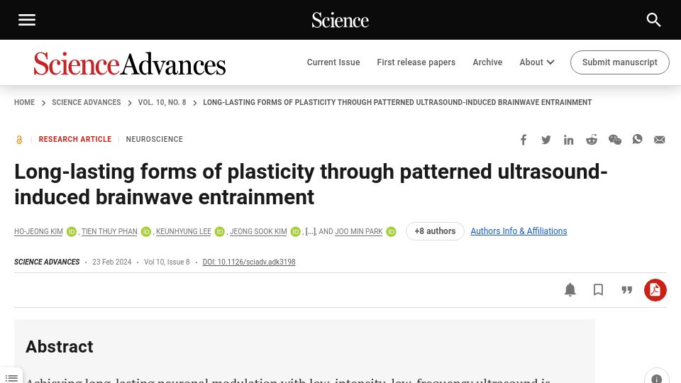 Screenshot of science.org: Plasticity through patterned ultrasound-induced brainwave entrainment in mice
