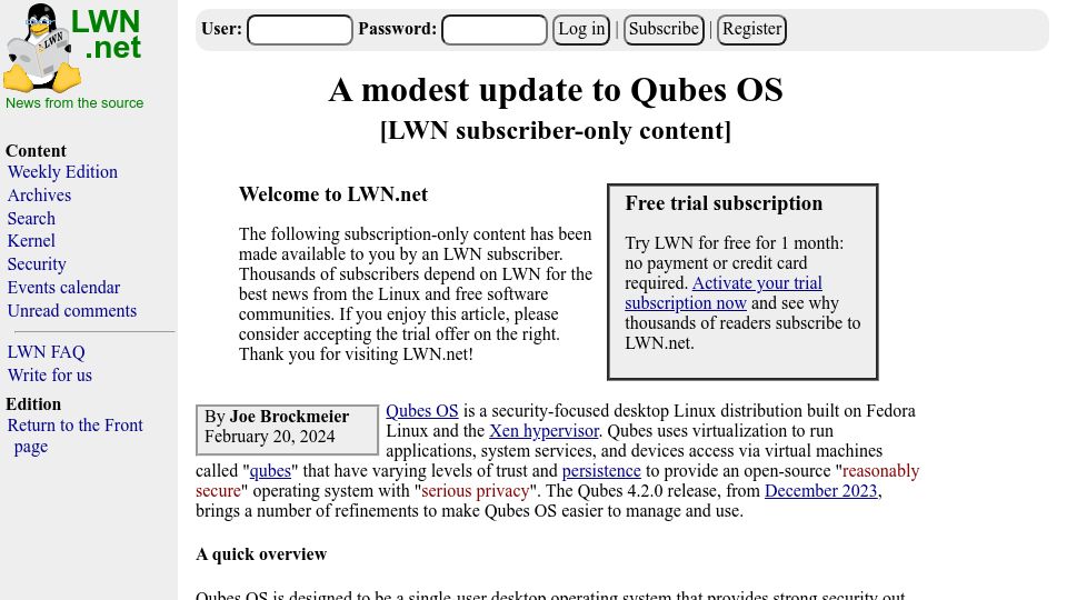 Screenshot of lwn.net: A modest update to Qubes OS
