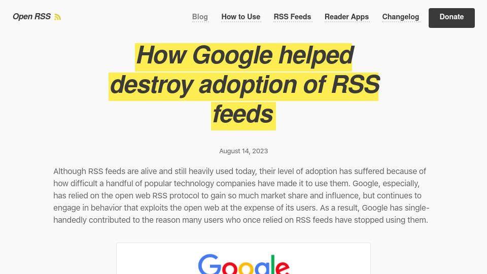 Screenshot of openrss.org: Google helped destroy adoption of RSS feeds (2023)