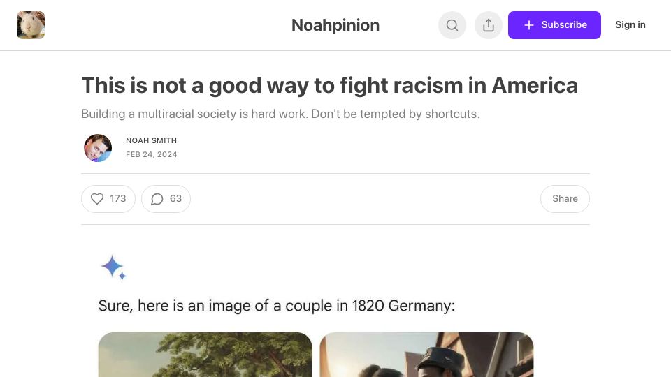 Screenshot of noahpinion.blog: Problems in Gemini's Approach to Diversity