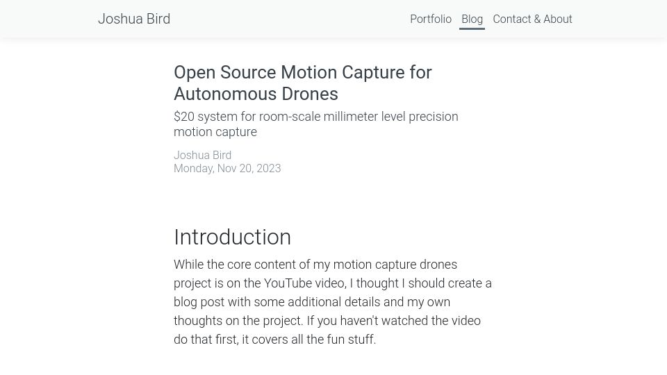 Screenshot of joshuabird.com: Open Source Motion Capture for Autonomous Drones (2023)