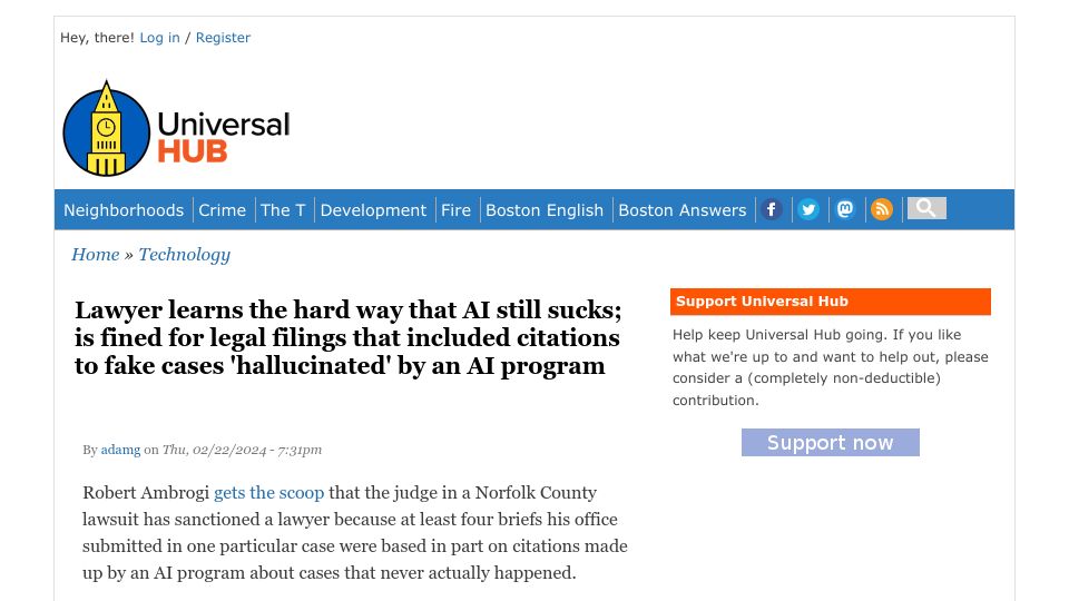 Screenshot of universalhub.com: Lawyer fined for legal filings that included 'hallucinated' AI citations