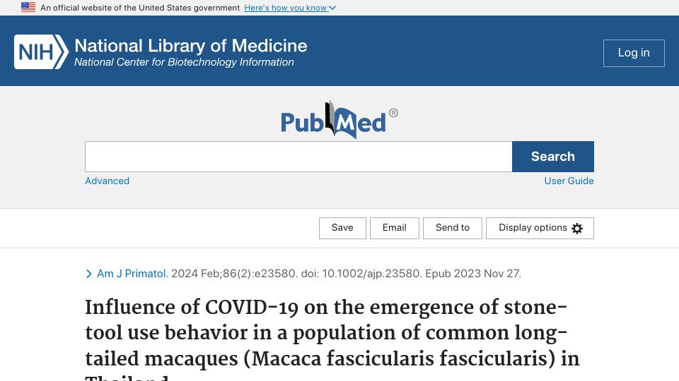 Screenshot of pubmed.ncbi.nlm.nih.gov: Emergence of stone-tool use behavior in a population of common macaques