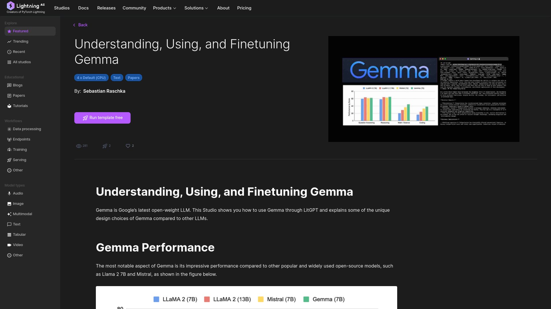Screenshot of lightning.ai: Understanding, using, and finetuning Gemma