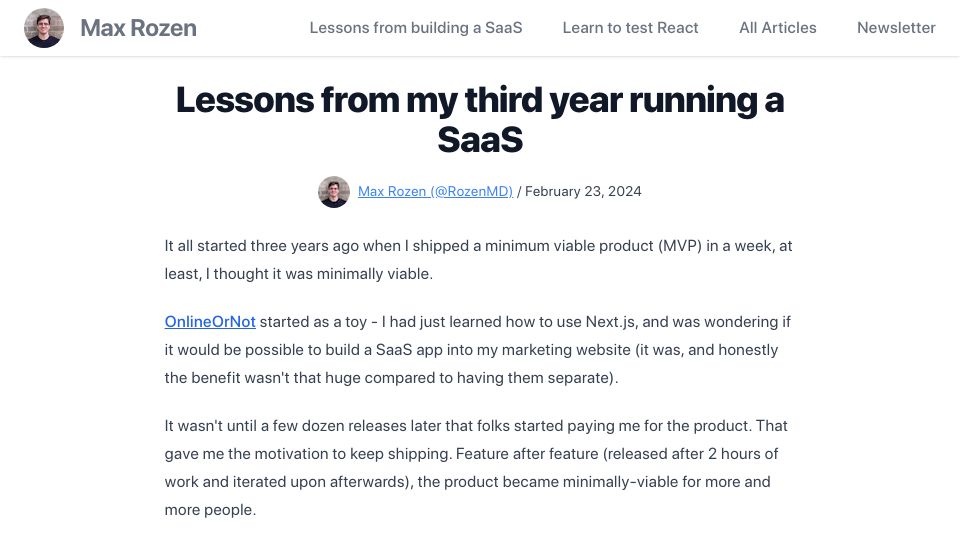 Screenshot of maxrozen.com: Lessons from my third year running a SaaS