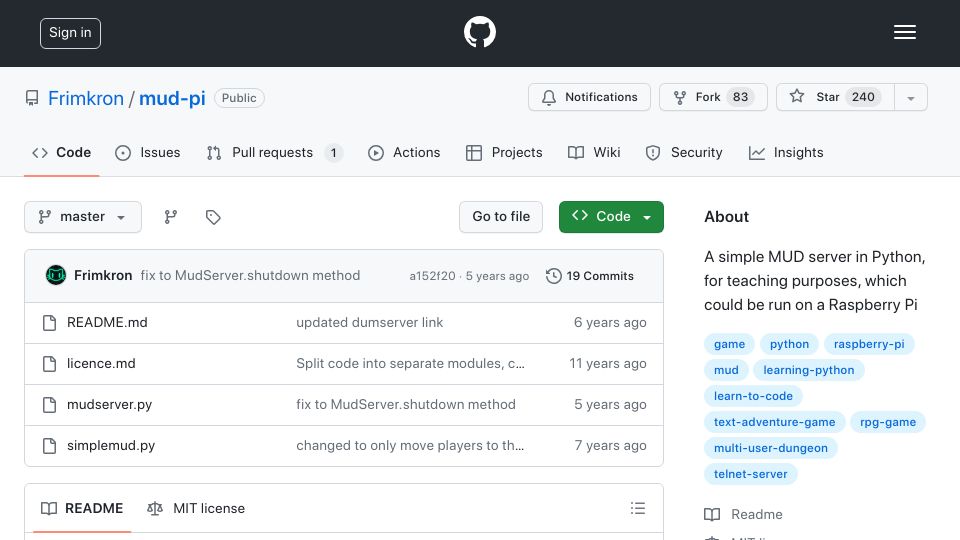 Screenshot of github.com: A simple MUD server in Python which can be run on a Raspberry Pi