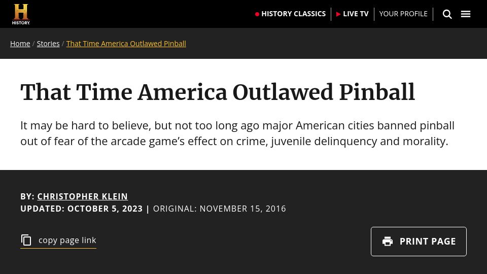 Screenshot of history.com: That Time America Outlawed Pinball (2016)