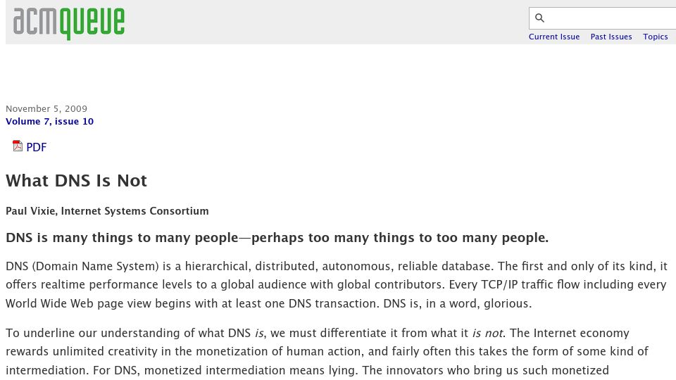 Screenshot of queue.acm.org: What DNS Is Not (2009)