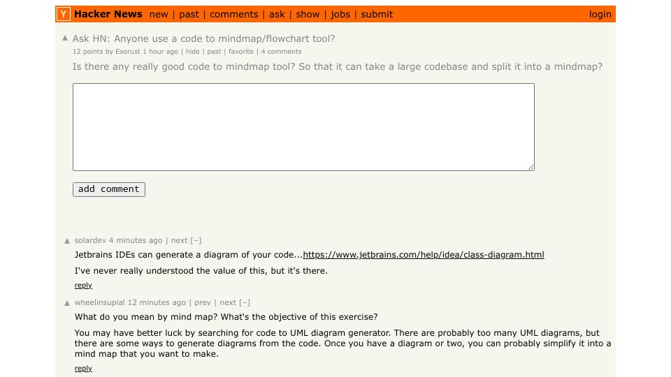 Screenshot of Hacker News post: Ask HN: Anyone use a code to mindmap/flowchart tool?