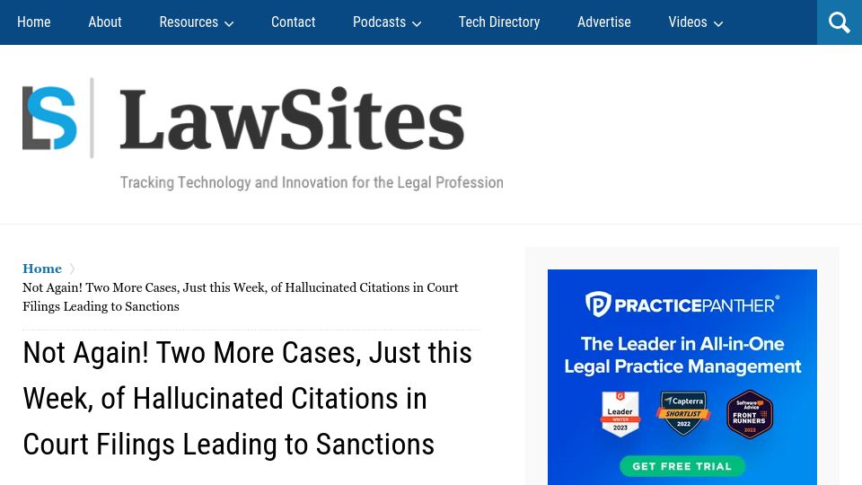 Screenshot of lawnext.com: Two More Cases of Hallucinated Citations in Court Filings Leading to Sanctions